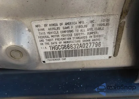 2002 Honda Accord 2.3 Ex/2.3 Se из США, поврежденный, VIN 1HGCG66832A027796